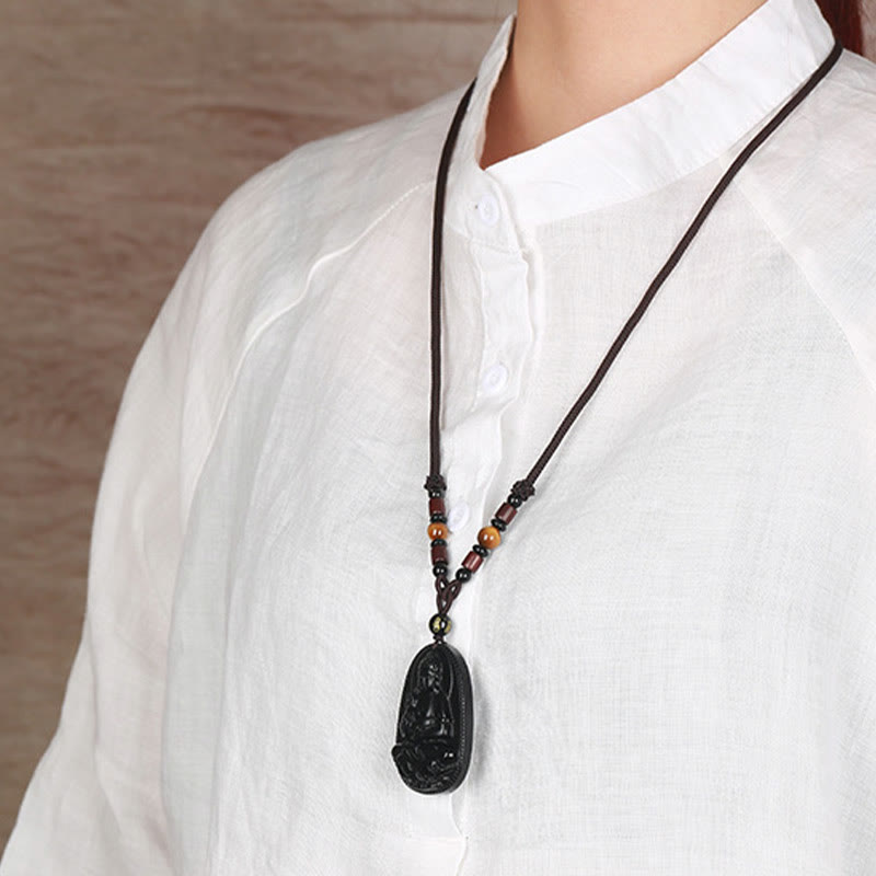 Buddha Stones Chinese Zodiac Natal Buddha Natural Black Obsidian Purification Necklace Pendant