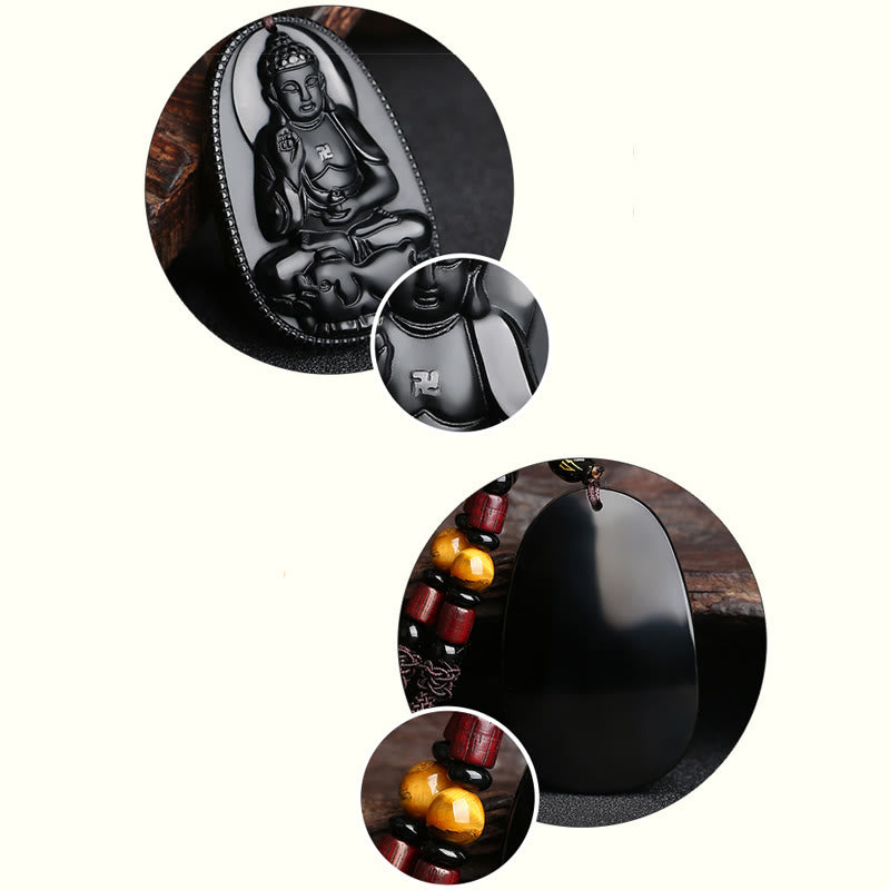 Buddha Stones Chinese Zodiac Natal Buddha Natural Black Obsidian Purification Necklace Pendant - image 4