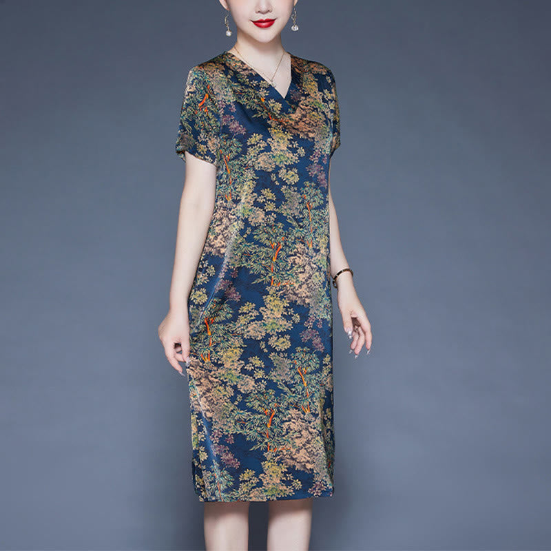 Buddha Stones V-Neck Tree Leaves Short Sleeve Midi Dress With Pockets