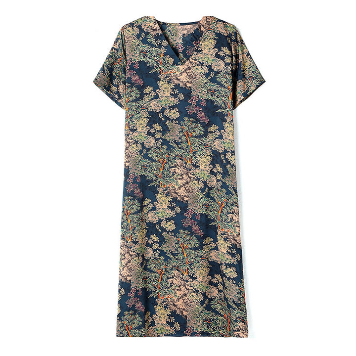 Buddha Stones V-Neck Tree Leaves Short Sleeve Midi Dress With Pockets