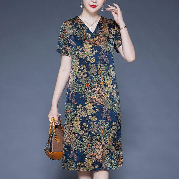 Buddha Stones V-Neck Tree Leaves Short Sleeve Midi Dress With Pockets