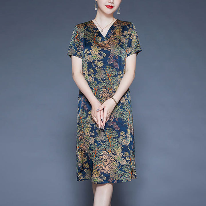 Buddha Stones V-Neck Tree Leaves Short Sleeve Midi Dress With Pockets