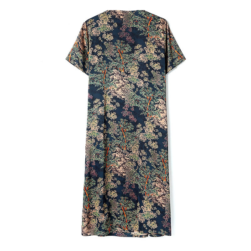 Buddha Stones V-Neck Tree Leaves Short Sleeve Midi Dress With Pockets