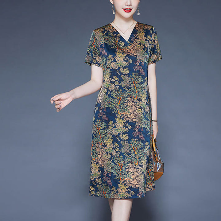 Buddha Stones V-Neck Tree Leaves Short Sleeve Midi Dress With Pockets