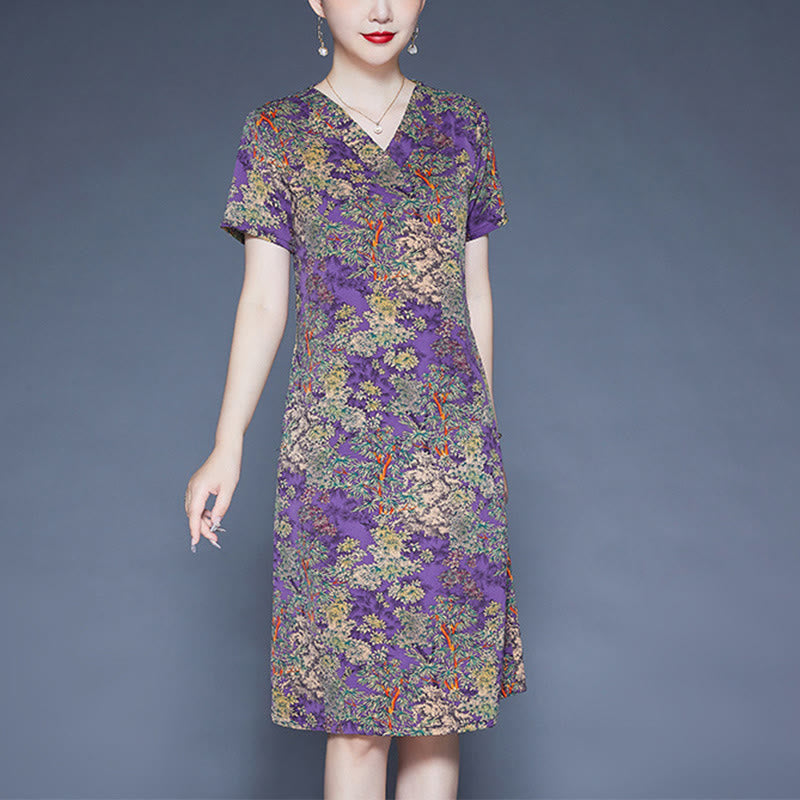 Buddha Stones V-Neck Tree Leaves Short Sleeve Midi Dress With Pockets