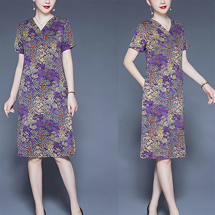 Buddha Stones V-Neck Tree Leaves Short Sleeve Midi Dress With Pockets