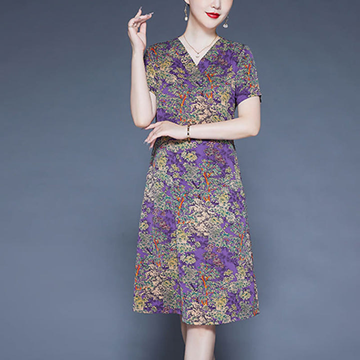 Buddha Stones V-Neck Tree Leaves Short Sleeve Midi Dress With Pockets