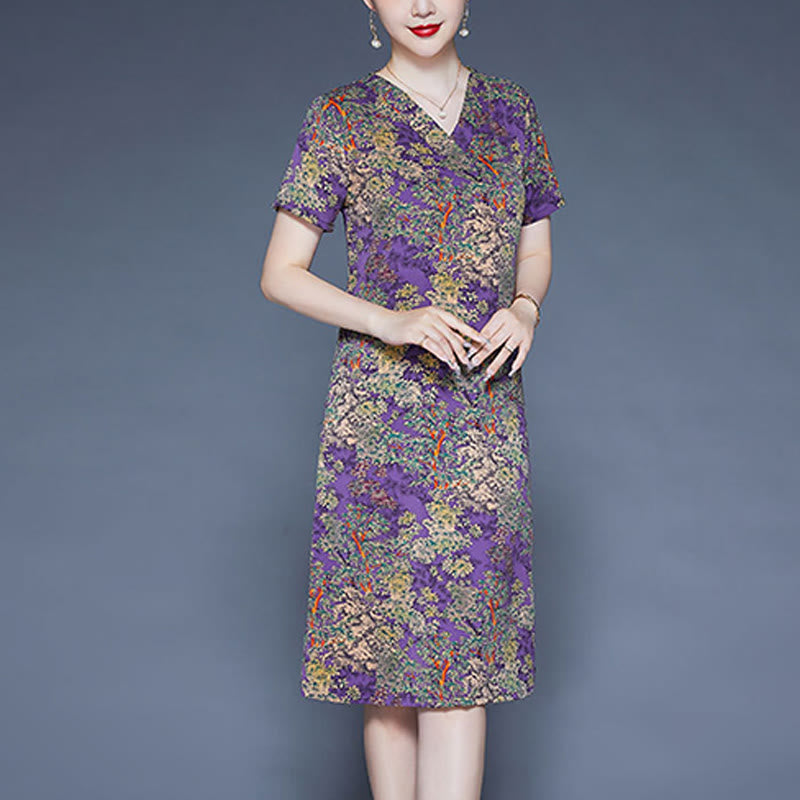 Buddha Stones V-Neck Tree Leaves Short Sleeve Midi Dress With Pockets