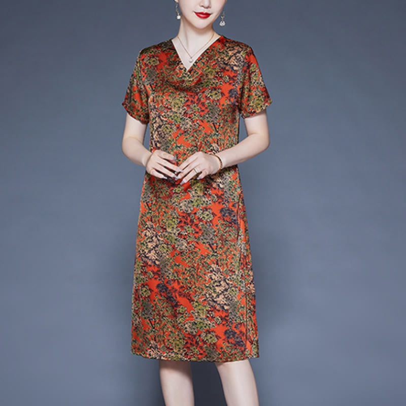 Buddha Stones V-Neck Tree Leaves Short Sleeve Midi Dress With Pockets