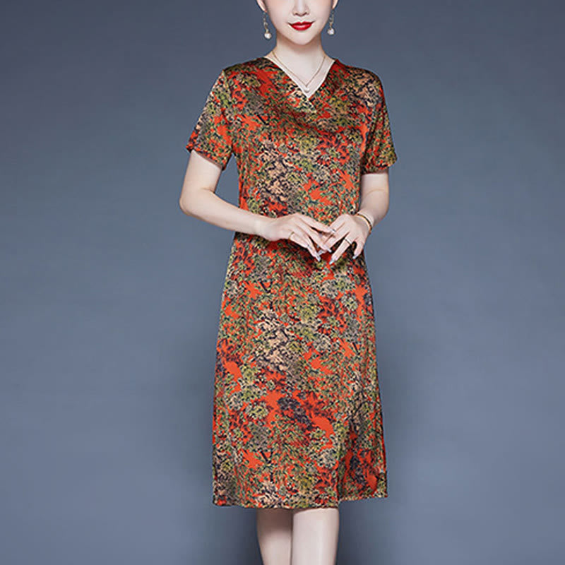 Buddha Stones V-Neck Tree Leaves Short Sleeve Midi Dress With Pockets