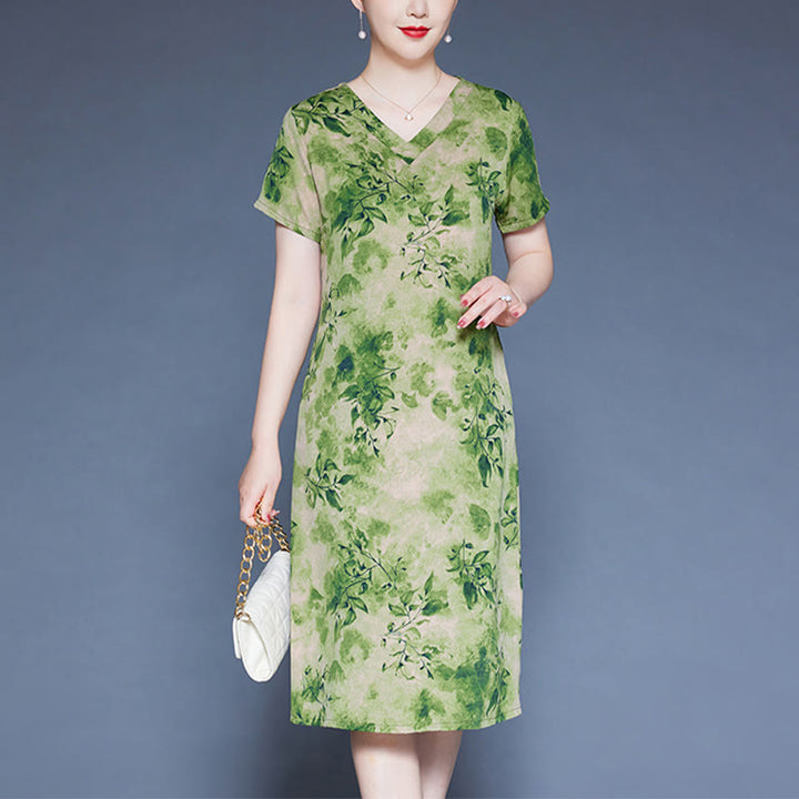 Buddha Stones V-Neck Green Leaves Flowers Pattern Short Sleeve Midi Dress With Pockets