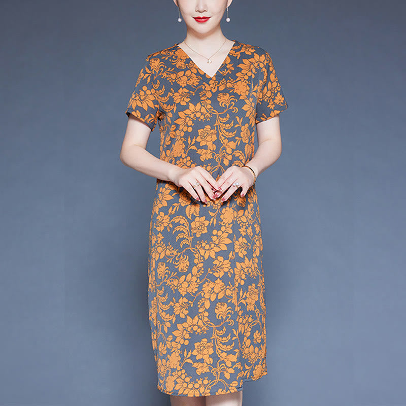 Buddha Stones V-Neck Green Leaves Flowers Pattern Short Sleeve Midi Dress With Pockets