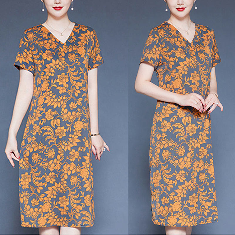 Buddha Stones V-Neck Green Leaves Flowers Pattern Short Sleeve Midi Dress With Pockets