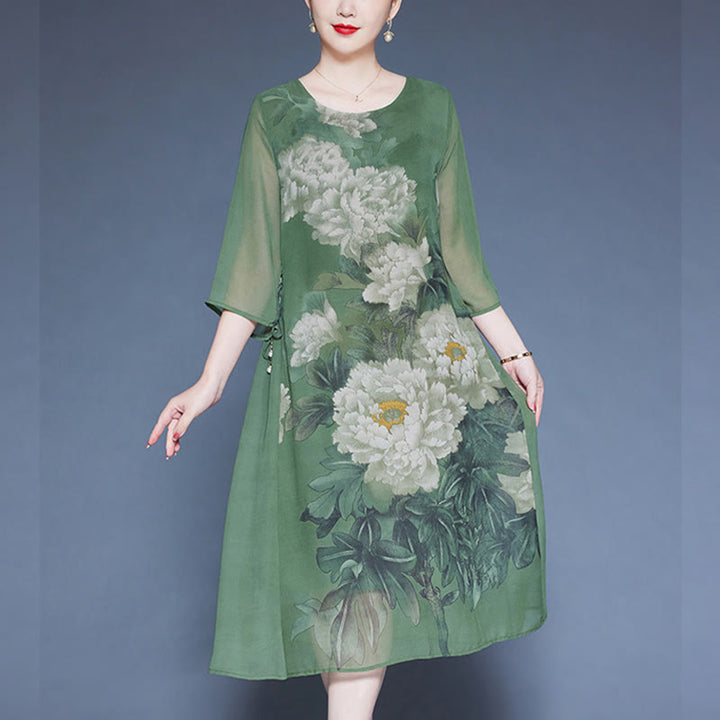 Buddha Stones Peony Flowers Print Three Quarter Sleeve Midi Dress