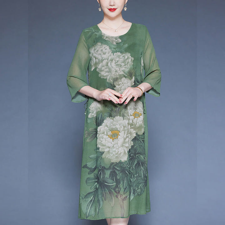 Buddha Stones Peony Flowers Print Three Quarter Sleeve Midi Dress