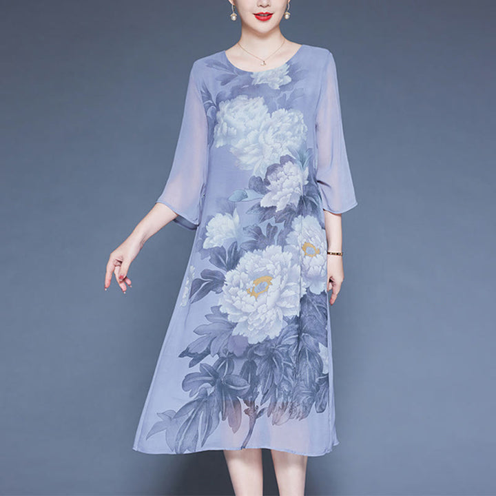 Buddha Stones Peony Flowers Print Three Quarter Sleeve Midi Dress