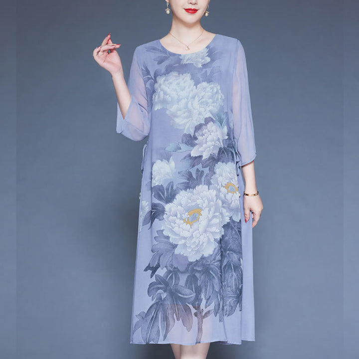 Buddha Stones Peony Flowers Print Three Quarter Sleeve Midi Dress