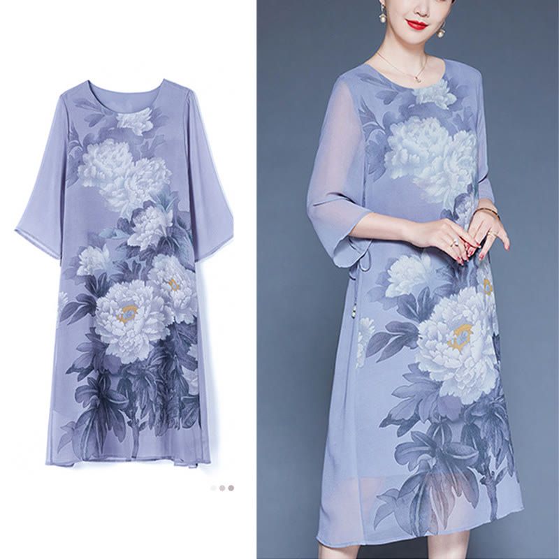 Buddha Stones Peony Flowers Print Three Quarter Sleeve Midi Dress