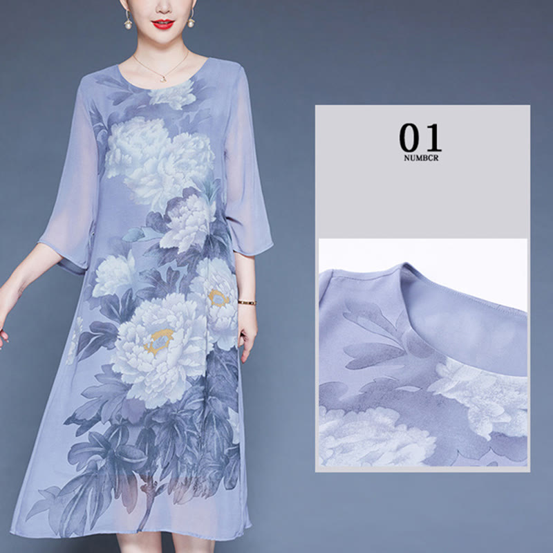 Buddha Stones Peony Flowers Print Three Quarter Sleeve Midi Dress