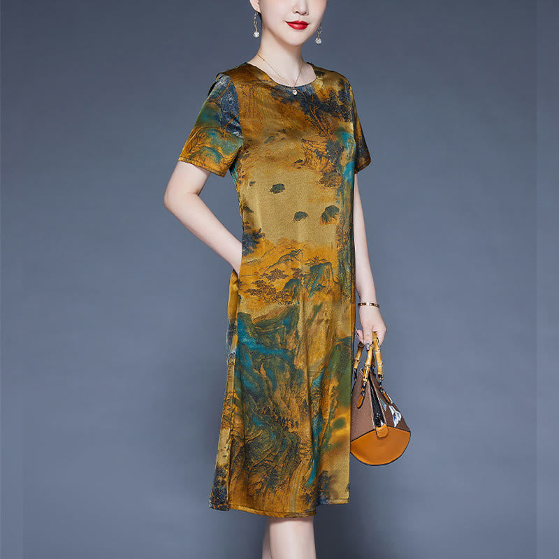 Buddha Stones Mountains Trees Pattern Short Sleeve Midi Dress With Pockets