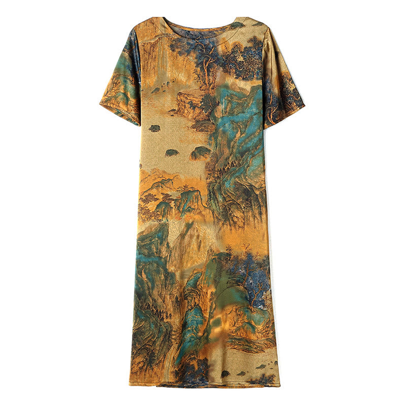 Buddha Stones Mountains Trees Pattern Short Sleeve Midi Dress With Pockets