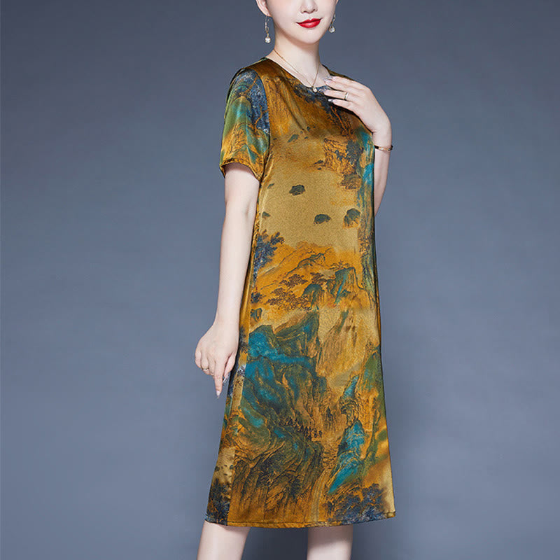 Buddha Stones Mountains Trees Pattern Short Sleeve Midi Dress With Pockets