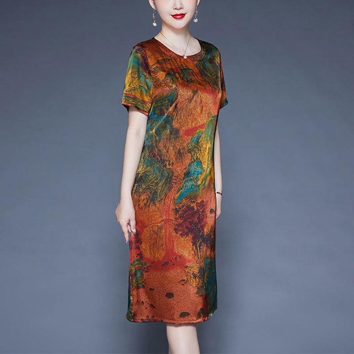 Buddha Stones Mountains Trees Pattern Short Sleeve Midi Dress With Pockets