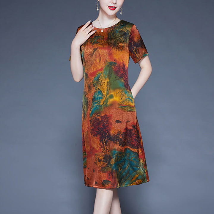 Buddha Stones Mountains Trees Pattern Short Sleeve Midi Dress With Pockets