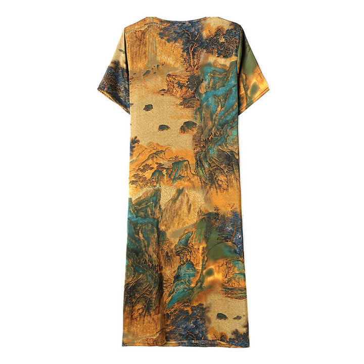 Buddha Stones Mountains Trees Pattern Short Sleeve Midi Dress With Pockets