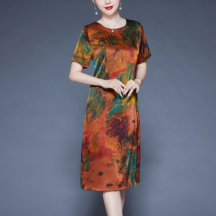 Buddha Stones Mountains Trees Pattern Short Sleeve Midi Dress With Pockets