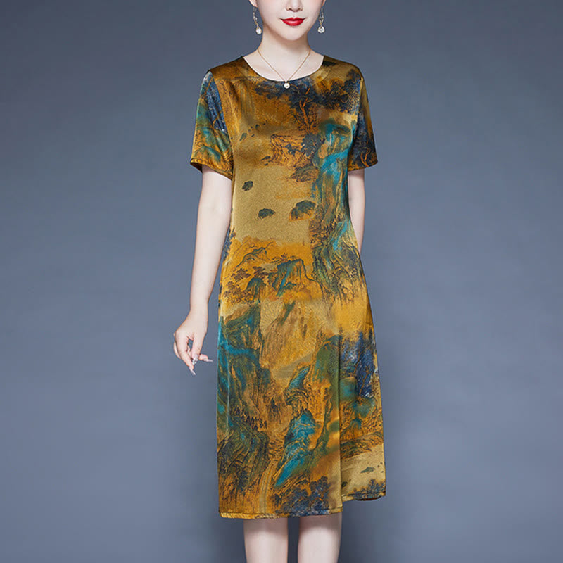 Buddha Stones Mountains Trees Pattern Short Sleeve Midi Dress With Pockets