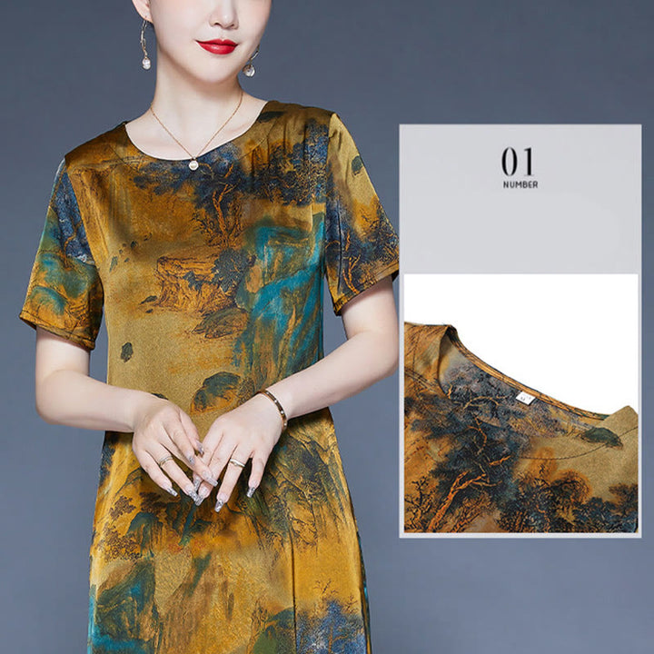 Buddha Stones Mountains Trees Pattern Short Sleeve Midi Dress With Pockets