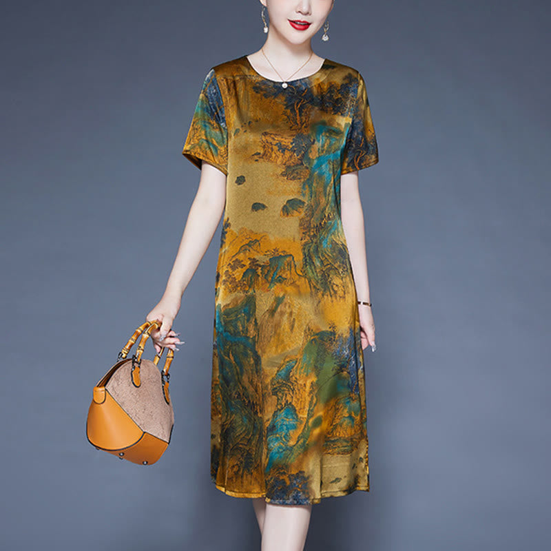 Buddha Stones Mountains Trees Pattern Short Sleeve Midi Dress With Pockets