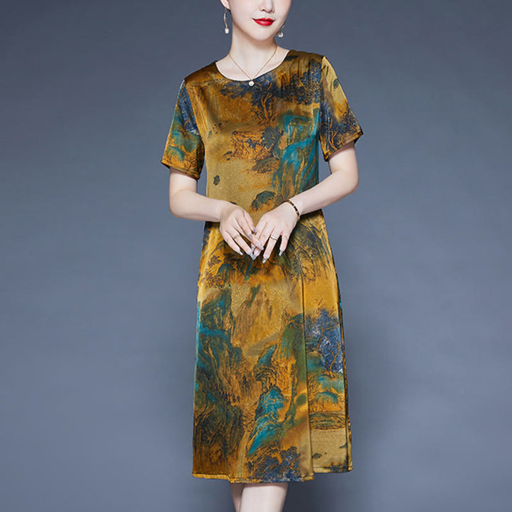 Buddha Stones Mountains Trees Pattern Short Sleeve Midi Dress With Pockets