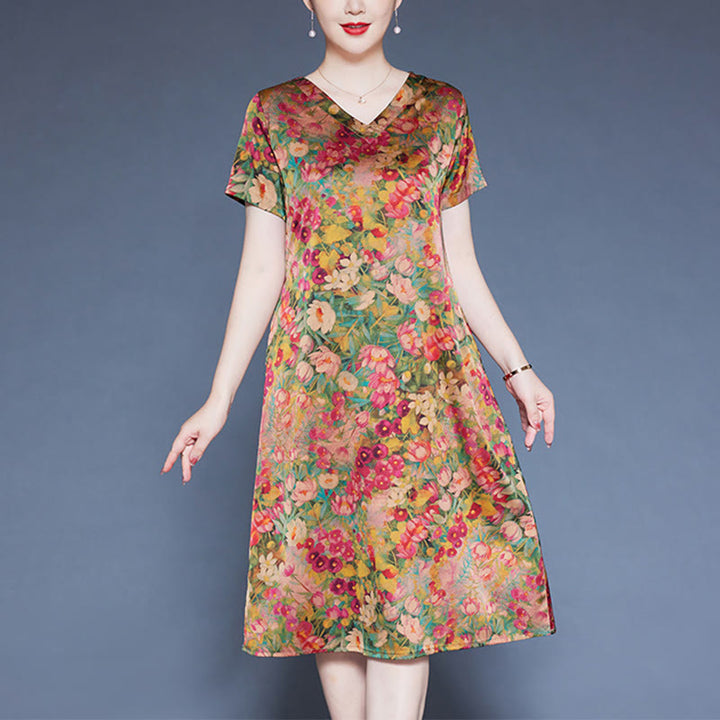 Buddha Stones V-Neck Green Red Peony Colorful Flowers Short Sleeve Midi Dress With Pockets