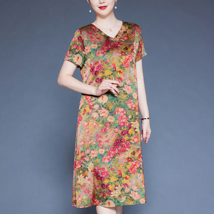 Buddha Stones V-Neck Green Red Peony Colorful Flowers Short Sleeve Midi Dress With Pockets