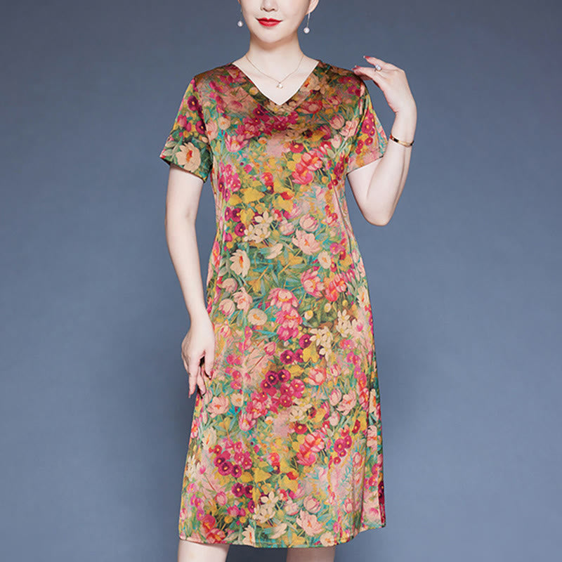 Buddha Stones V-Neck Green Red Peony Colorful Flowers Short Sleeve Midi Dress With Pockets