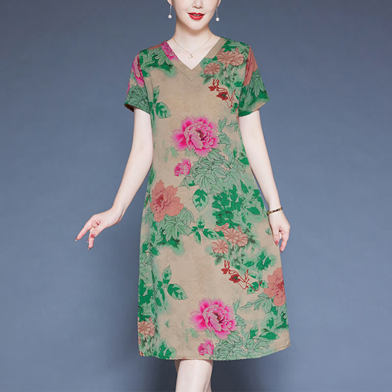 Buddha Stones V-Neck Green Red Peony Colorful Flowers Short Sleeve Midi Dress With Pockets