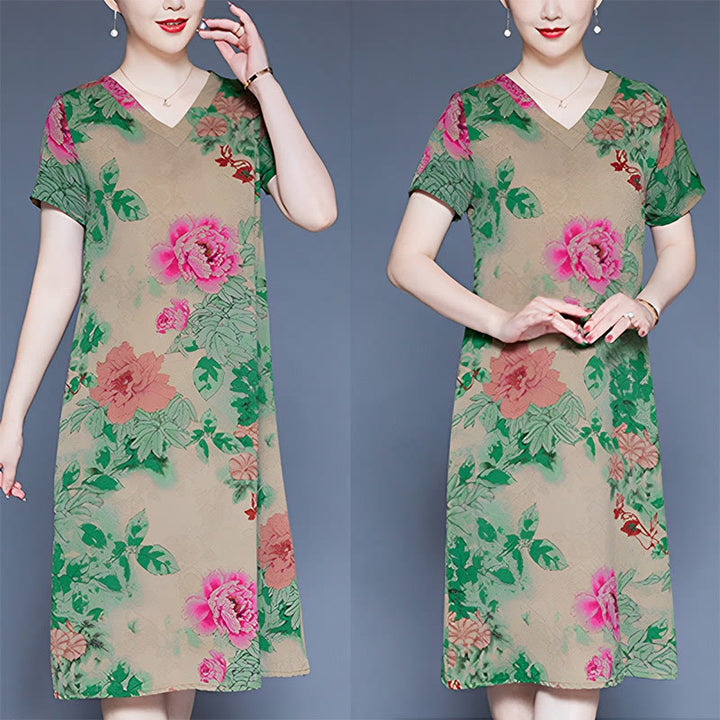 Buddha Stones V-Neck Green Red Peony Colorful Flowers Short Sleeve Midi Dress With Pockets