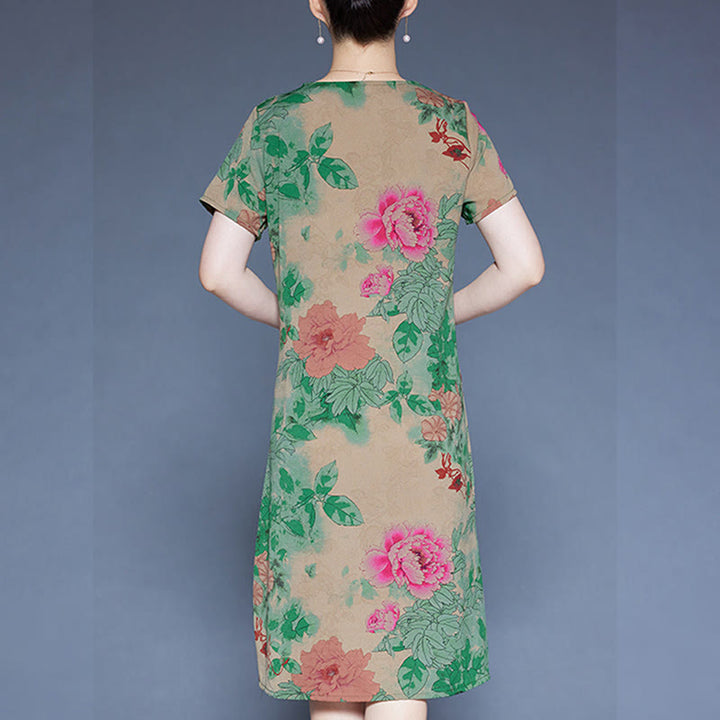 Buddha Stones V-Neck Green Red Peony Colorful Flowers Short Sleeve Midi Dress With Pockets