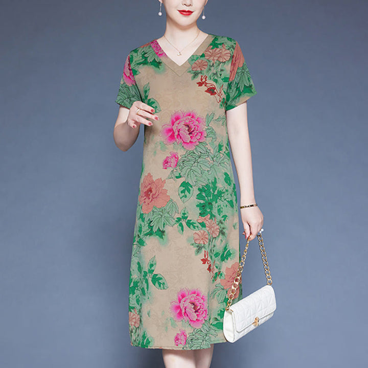 Buddha Stones V-Neck Green Red Peony Colorful Flowers Short Sleeve Midi Dress With Pockets