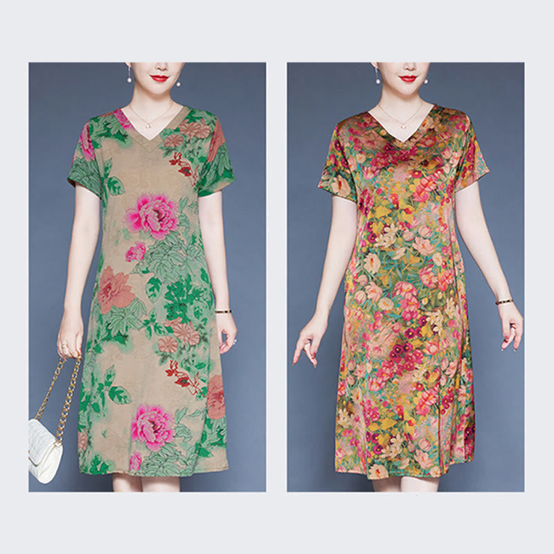 Buddha Stones V-Neck Green Red Peony Colorful Flowers Short Sleeve Midi Dress With Pockets