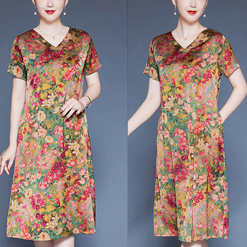 Buddha Stones V-Neck Green Red Peony Colorful Flowers Short Sleeve Midi Dress With Pockets