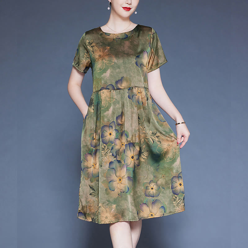 Buddha Stones Flowers Leaves Short Sleeve Midi Dress With Pockets