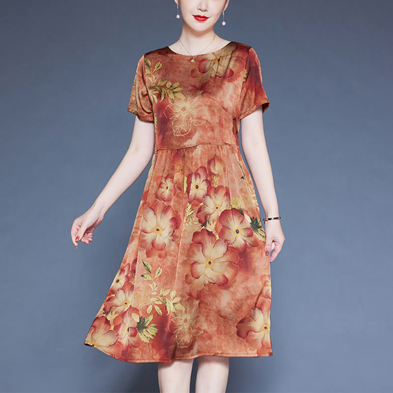 Buddha Stones Flowers Leaves Short Sleeve Midi Dress With Pockets