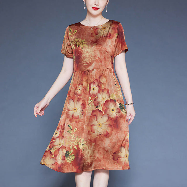 Buddha Stones Flowers Leaves Short Sleeve Midi Dress With Pockets