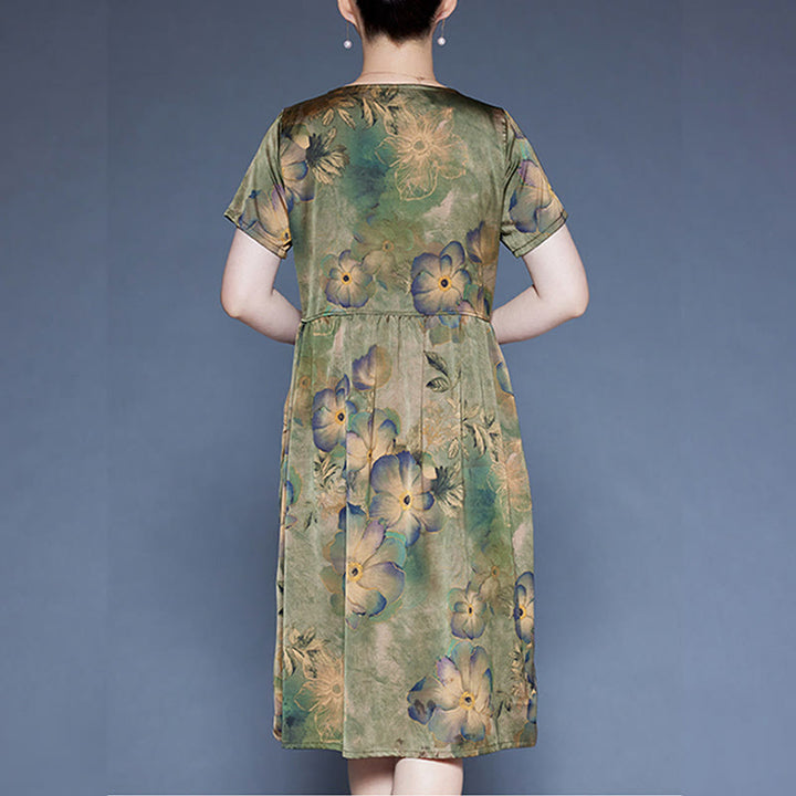 Buddha Stones Flowers Leaves Short Sleeve Midi Dress With Pockets