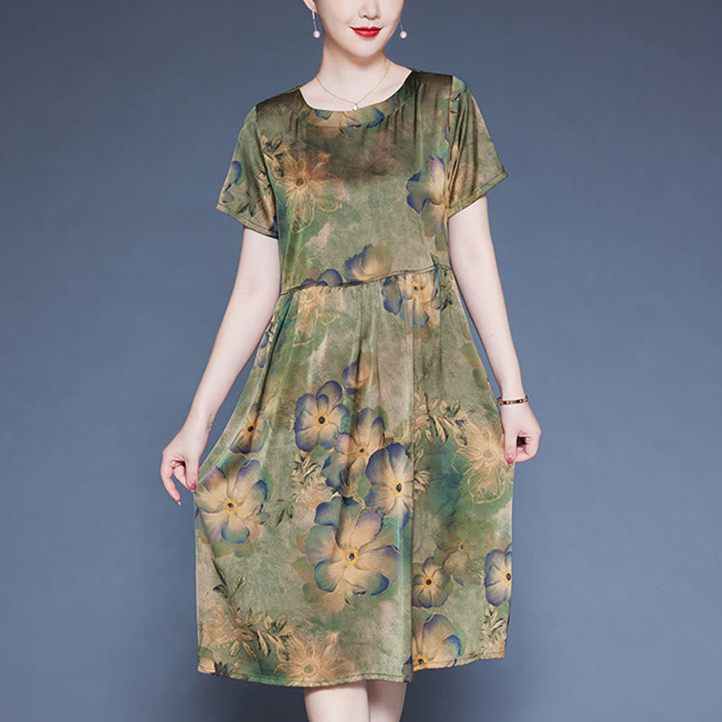 Buddha Stones Flowers Leaves Short Sleeve Midi Dress With Pockets