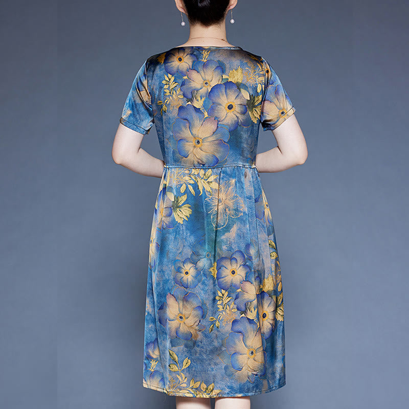 Buddha Stones Flowers Leaves Short Sleeve Midi Dress With Pockets