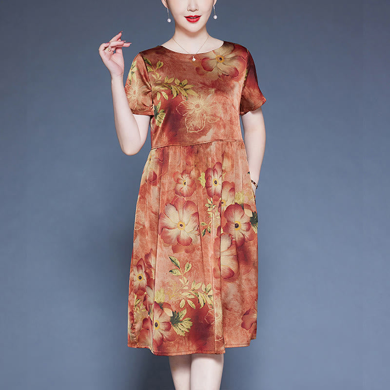 Buddha Stones Flowers Leaves Short Sleeve Midi Dress With Pockets